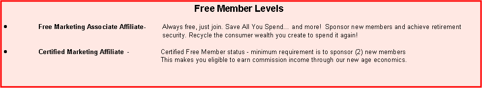Text Box:                                                                            Free Member Levels      Free Marketing Associate Affiliate-         Always free, just join. Save All You Spend� and more!  Earn commission income and achieve retirement                                                                                            security. Recycle the consumer wealth you create to spend it again!                                                                                Certified Marketing Affiliate  -                 Certified Free Member status - minimum requirement is sponsor (2) new members and maintain this                                                                                      minimum.  This  makes you eligible to earn commissions.                                                                         