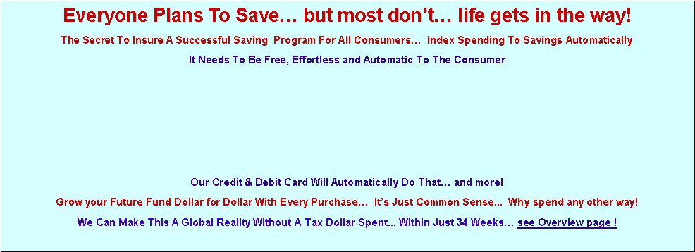 Text Box: Everyone Plans To Save� but most don�t� life gets in the way!The Secret To Insure A Successful Saving  Program For All Consumers�  Index Spending To Savings AutomaticallyIt Needs To Be Free, Effortless and Automatic To The Consumer Our Credit & Debit Card Will Automatically Do That� and more!Grow your Future Fund Dollar for Dollar With Every Purchase�  It�s Just Common Sense...  Why spend any other way!We Can Make This A Global Reality Without A Tax Dollar Spent... Within Just 34 Weeks� see Overview page !